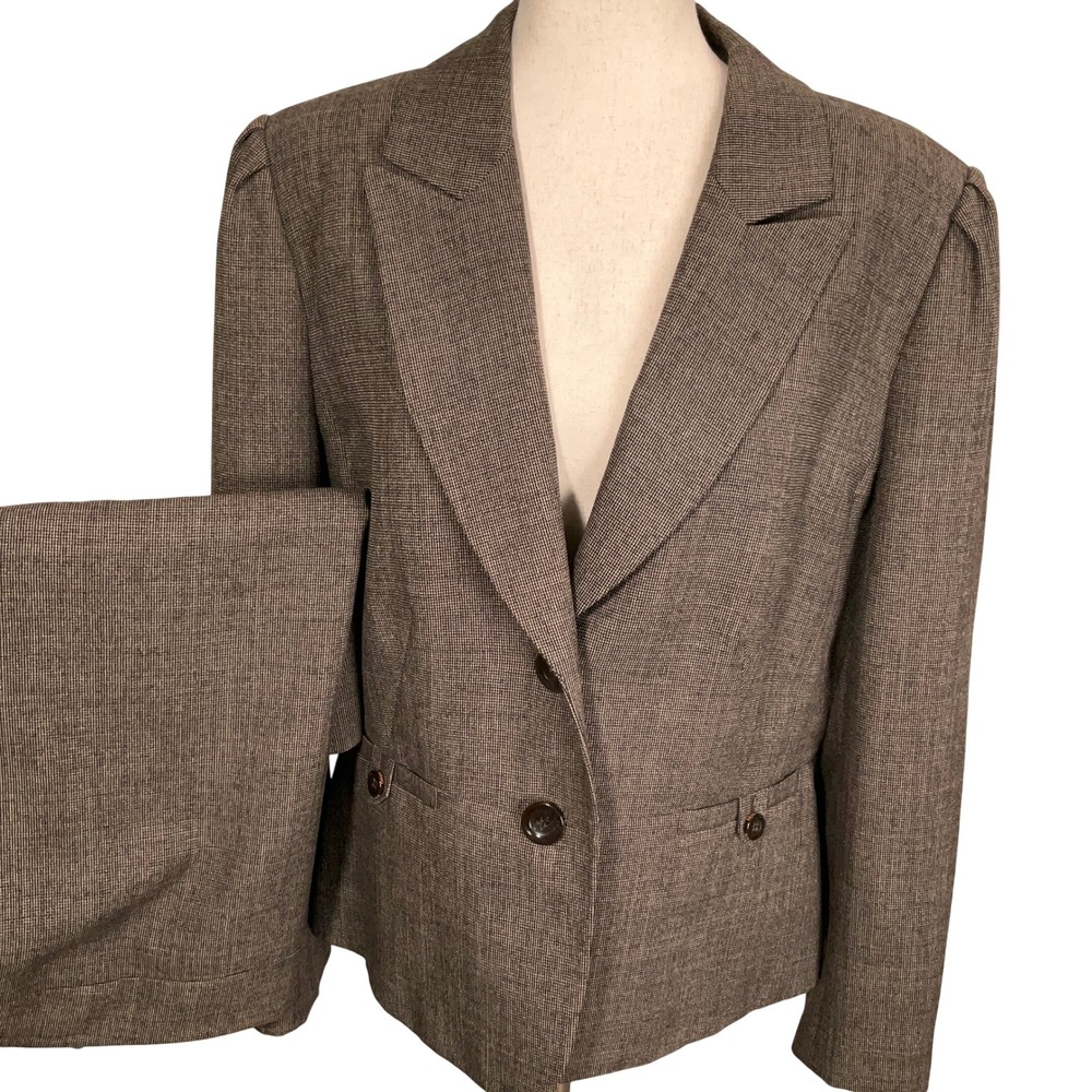 Tahari Skirt Suit Women 18 Brown Micro Houndstooth Modest Heritage Minimalist